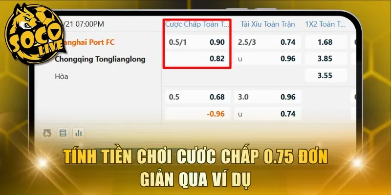 Tính tiền chơi cược chấp 0.75 đơn giản qua ví dụ